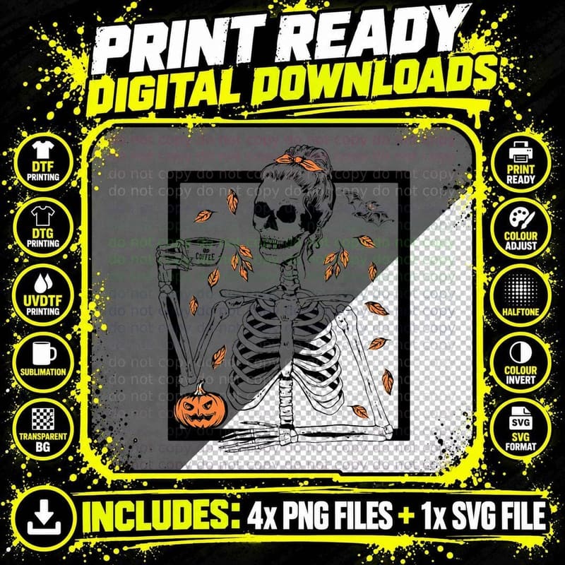 Vintage Halloween Skeleton Coffee Messy Bun Halloween Png SVG Digital Bundle