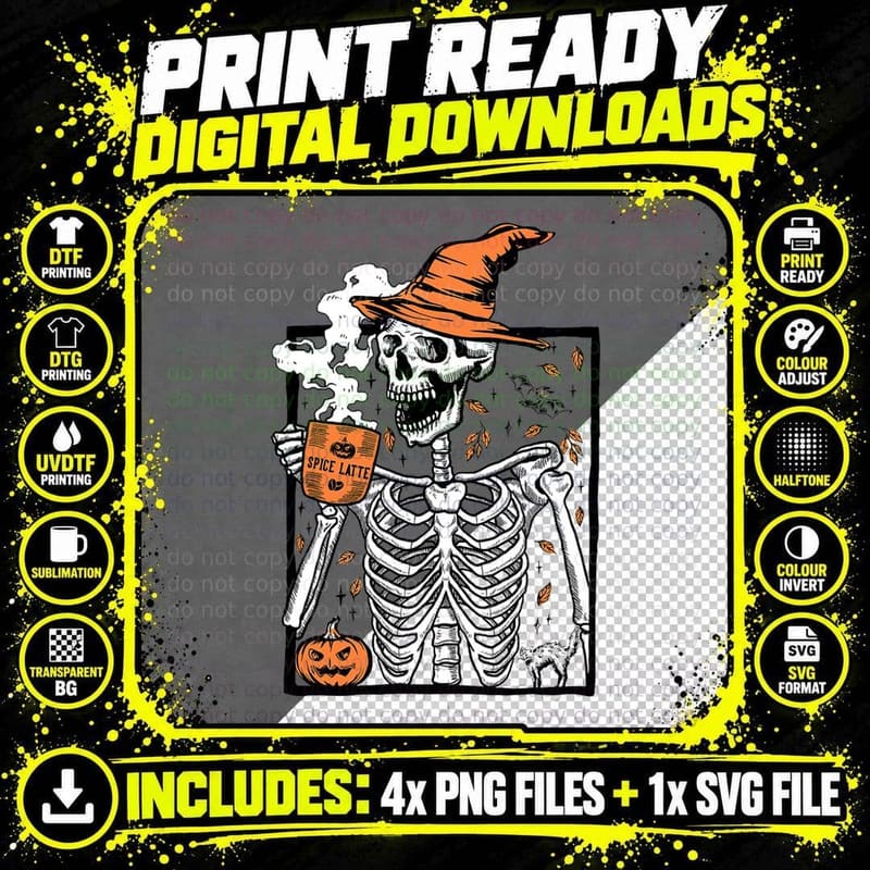 Vintage Halloween Skeleton Drinking Pumpkin Spice Latte Png SVG Digital Bundle