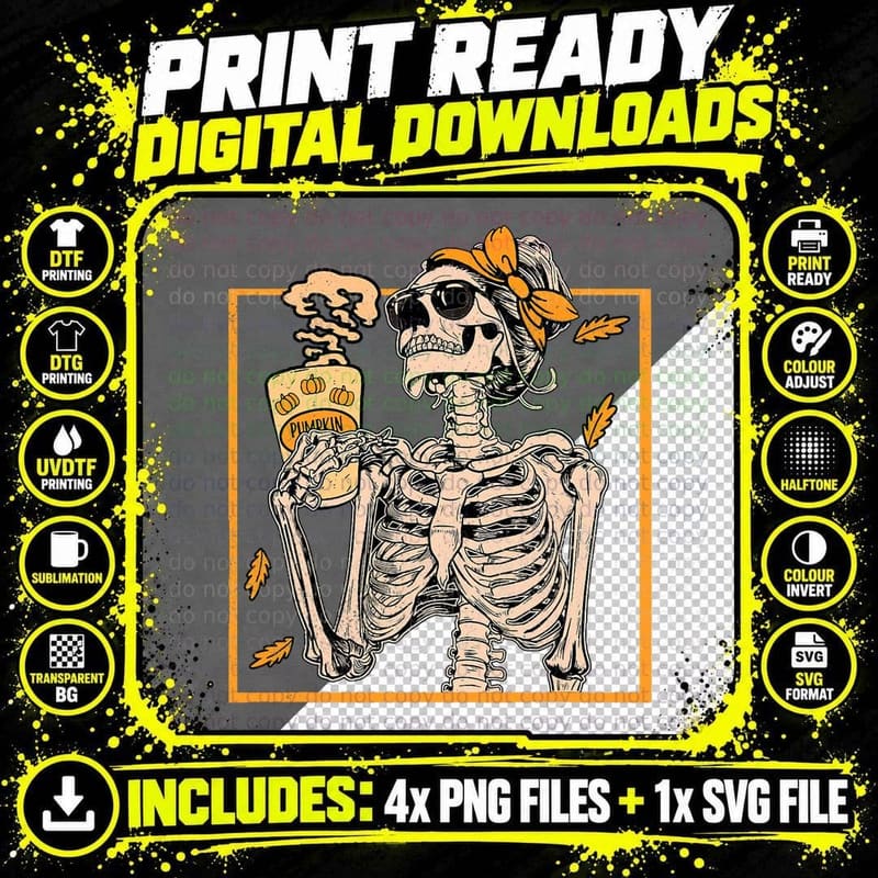 Vintage Halloween Skeleton Pumpkin Spice Latte Syrup Png SVG Digital Bundle