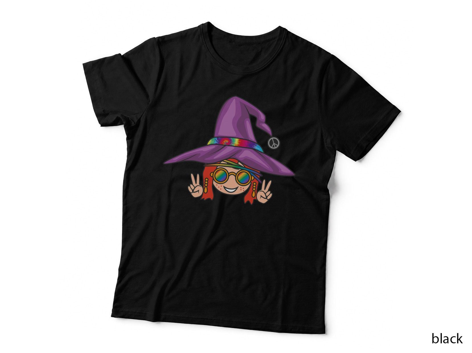 Vintage Hippie Tie Dye Peace Sign Girl in Witches Hat Witch T-Shirt