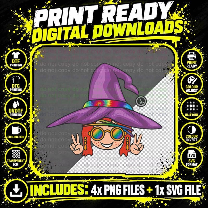 Vintage Hippie Tie Dye Peace Sign Girl in Witches Hat Png SVG Digital Bundle