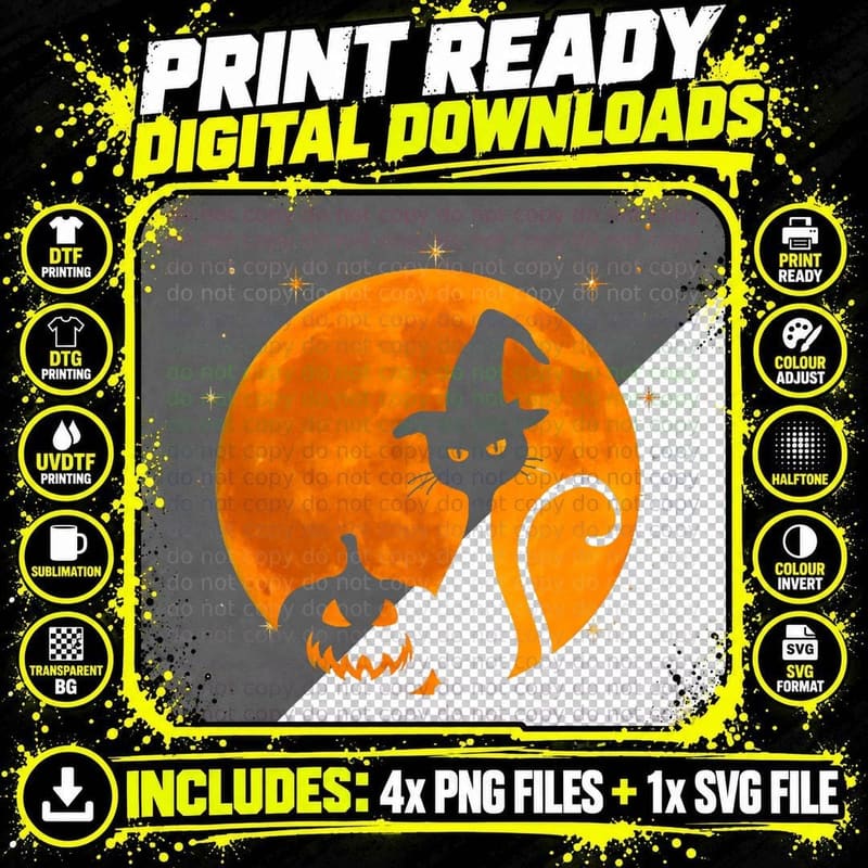 Vintage Scary Halloween Black Cat Costume Witch Hat & Png SVG Digital Bundle