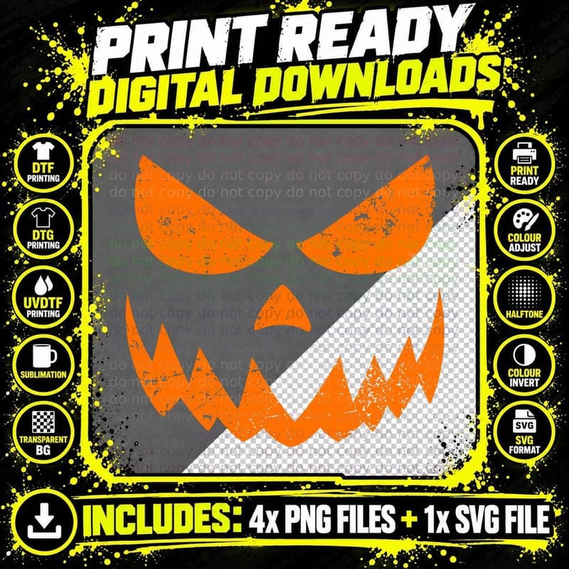 Vintage Scary Pumpkin Face Jack O Lantern Halloween Png SVG Digital Bundle