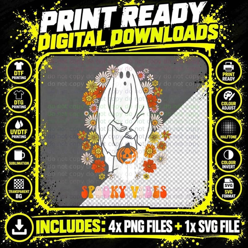 Vintage Spooky Vibes Funny Groovy Hippie Ghost Halloween Png SVG Digital Bundle