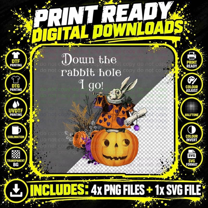 Vintage Style Haunted Halloween Alice White Rabbit Png SVG Digital Bundle