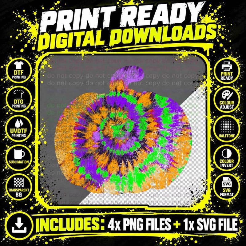 Vintage Tie Dye Halloween Pumpkin - Green Purple Orange Png SVG Digital Bundle