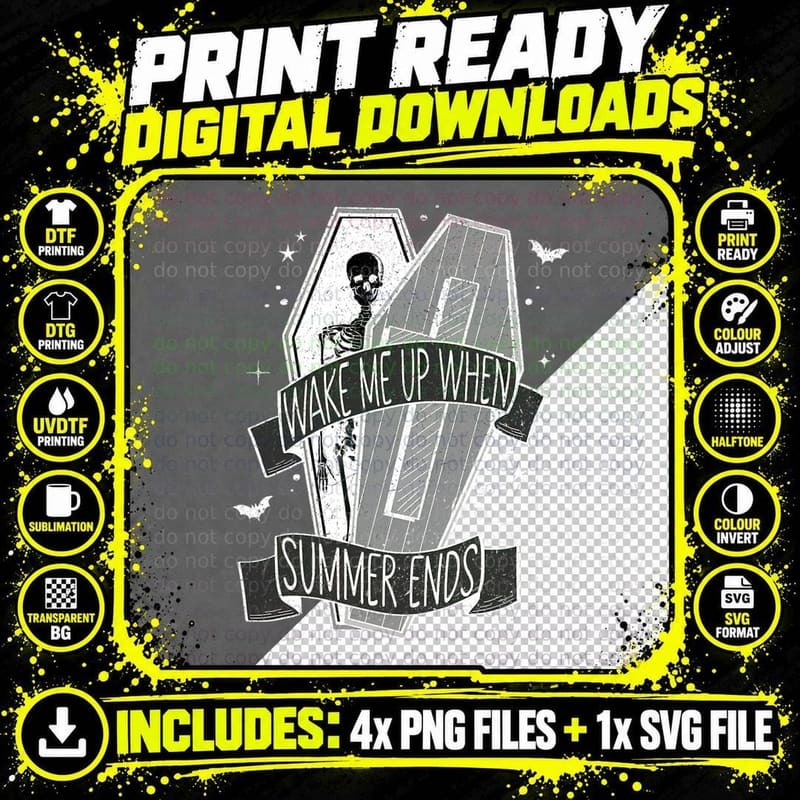 Wake Me up When Summer Ends Retro Skeleton Coffin Png SVG Digital Bundle