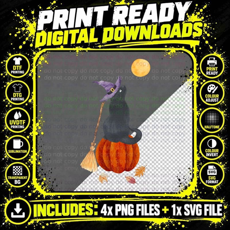 Witch Black Cat Pumpkin Moon Fall T-Shirt Png SVG Digital Bundle