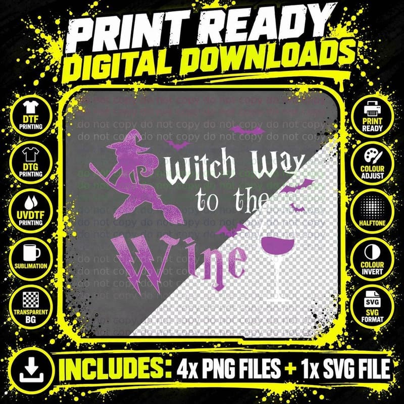 Witch Way to the Wine Funny Drinking Party Halloween Png SVG Digital Bundle