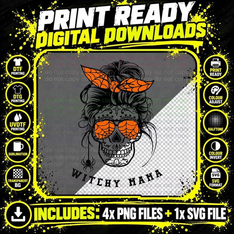 Witchy Mama Halloween Skull Witch Mom Tee Halloween Png SVG Digital Bundle