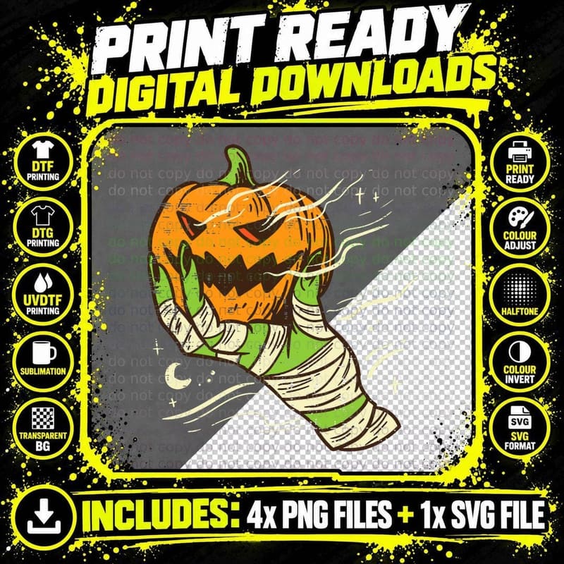 Zombie Hand Pumpkin Jackolantern Retro Vintage Halloween Png SVG Digital Bundle