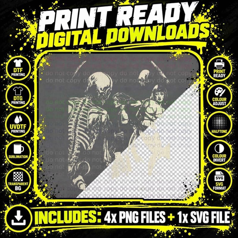 Zombie Horror Vintage T-Shirt, Skeleton Woman Creature Png SVG Digital Bundle
