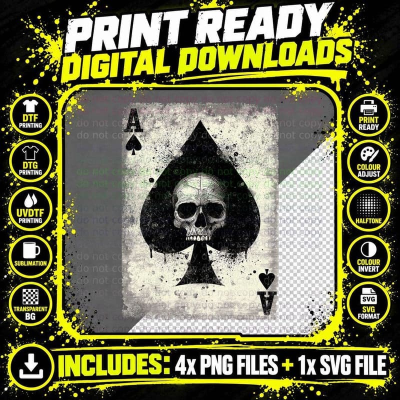 Ace Skull Spades Gothic Card Gambler Skeleton Poker Png SVG Digital Bundle