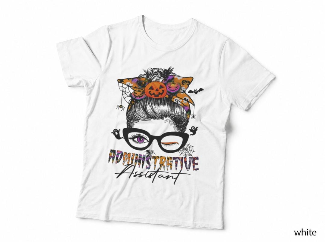 Administrative Assistant Messy Bun Pumpkin Spider Halloween T-Shirt