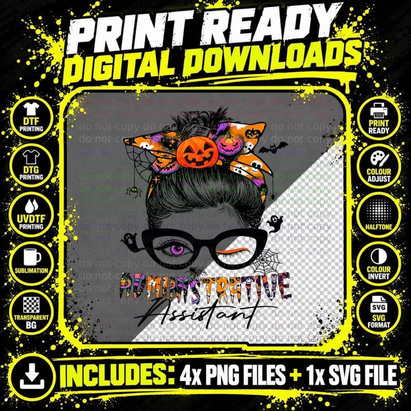 Administrative Assistant Messy Bun Pumpkin Spider Png SVG Digital Bundle