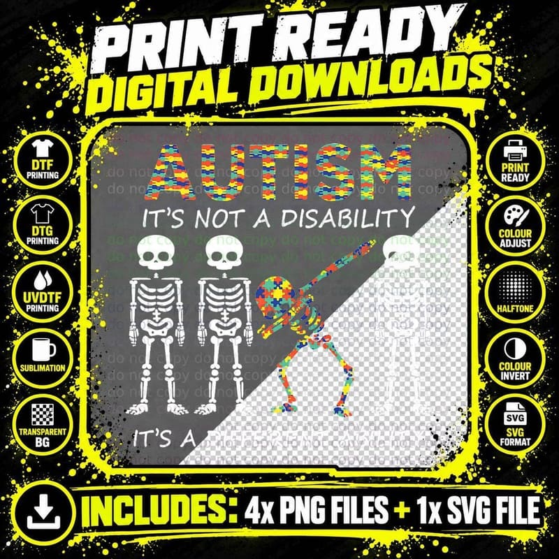 Autism It's a Different Ability Funny Dabbing Skeleton Png SVG Digital Bundle