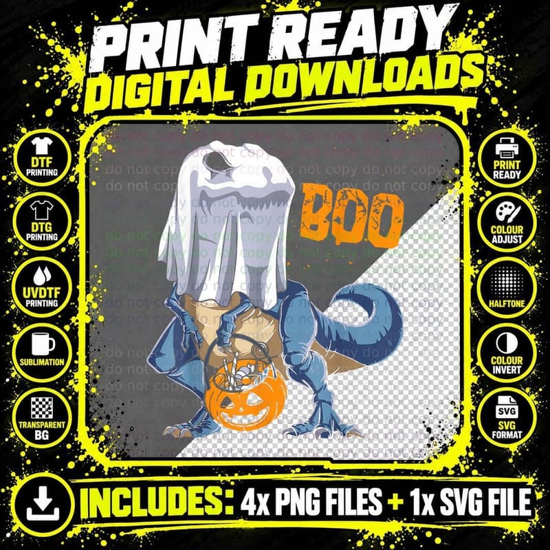 BOO Dinosaur T Rex Ghost Pumpkin Costume Funny Halloween Png SVG Digital Bundle