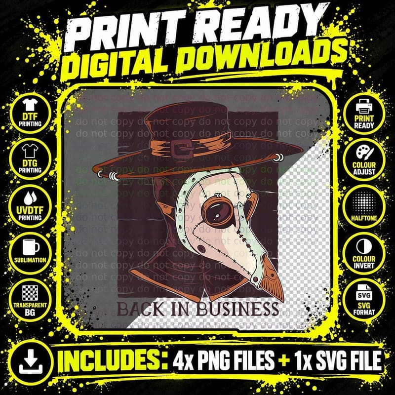 Back in Business Medieval Plague Doctor Mask Halloween Png SVG Digital Bundle