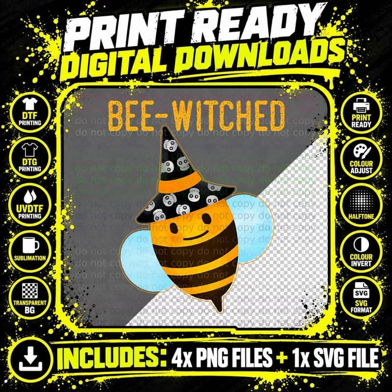 Bee Witched Cute Halloween Bee Wearing Witches Hat Png SVG Digital Bundle