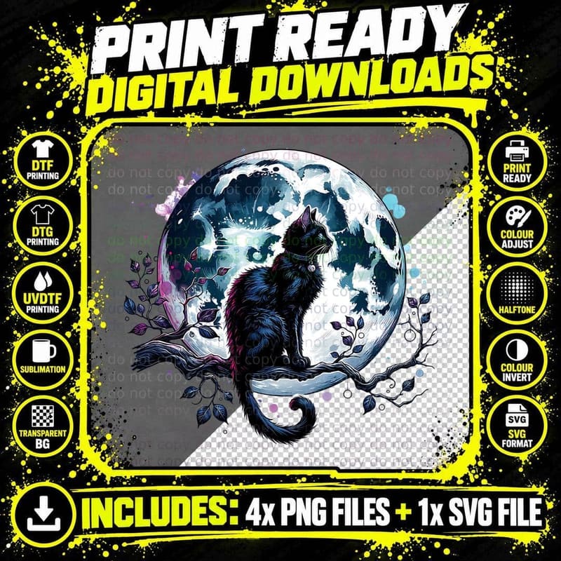 Black Cat with Full Moon Halloween Goth Gift T-Shirt Png SVG Digital Bundle