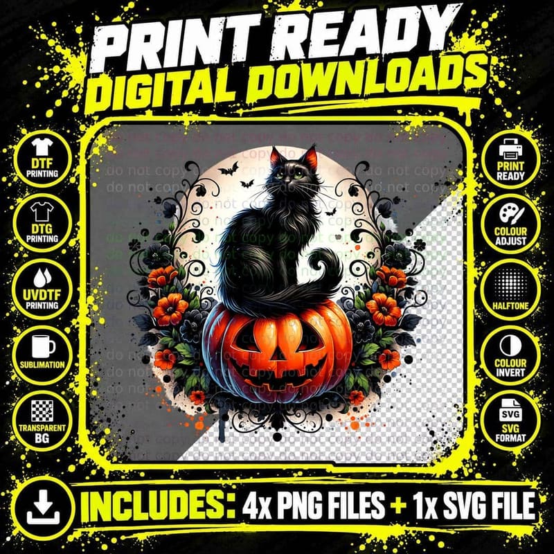 Black Cat with Jack O Lantern Halloween, Horror Png SVG Digital Bundle