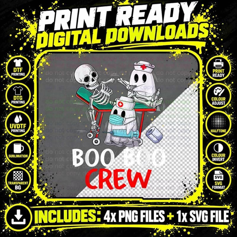 Boo Boo Crew Nurse Ghost & Skeleton Funny Halloween Png SVG Digital Bundle