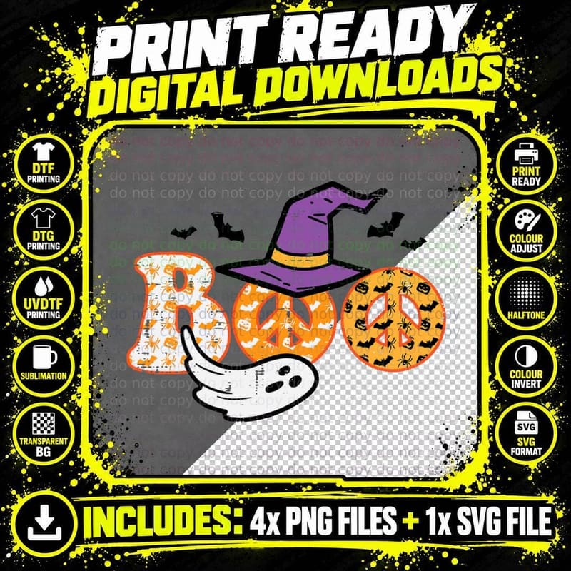 Boo Peace Sign Ghost Retro Halloween Costume Men Women Png SVG Digital Bundle