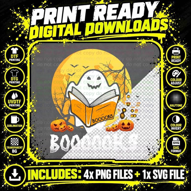 Booooks Ghost Boo Read Books Library Teacher Moon Png SVG Digital Bundle