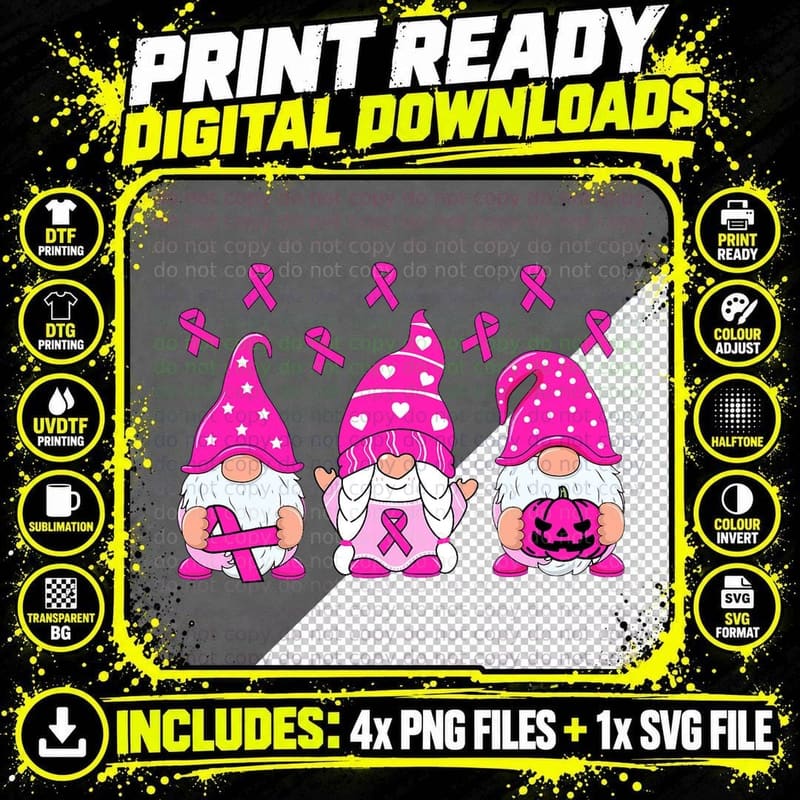 Breast Cancer Awareness Gnome Pumpkin Pink Ribbon Women Png SVG Digital Bundle