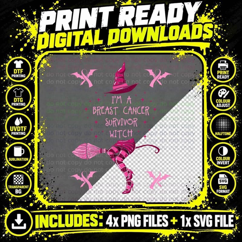 Breast Cancer Halloween Party Witch Pink Ribbon Survivor Png SVG Digital Bundle