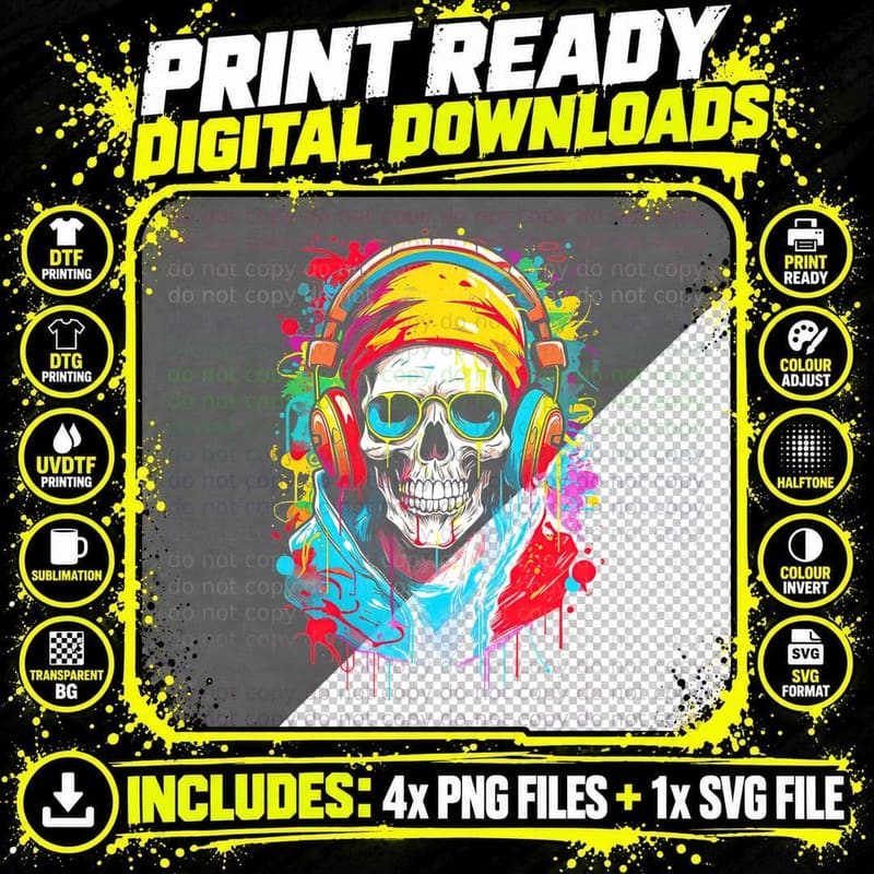 Calavera Audifonos T-Shirt, Sugar Skull Print Png SVG Digital Bundle