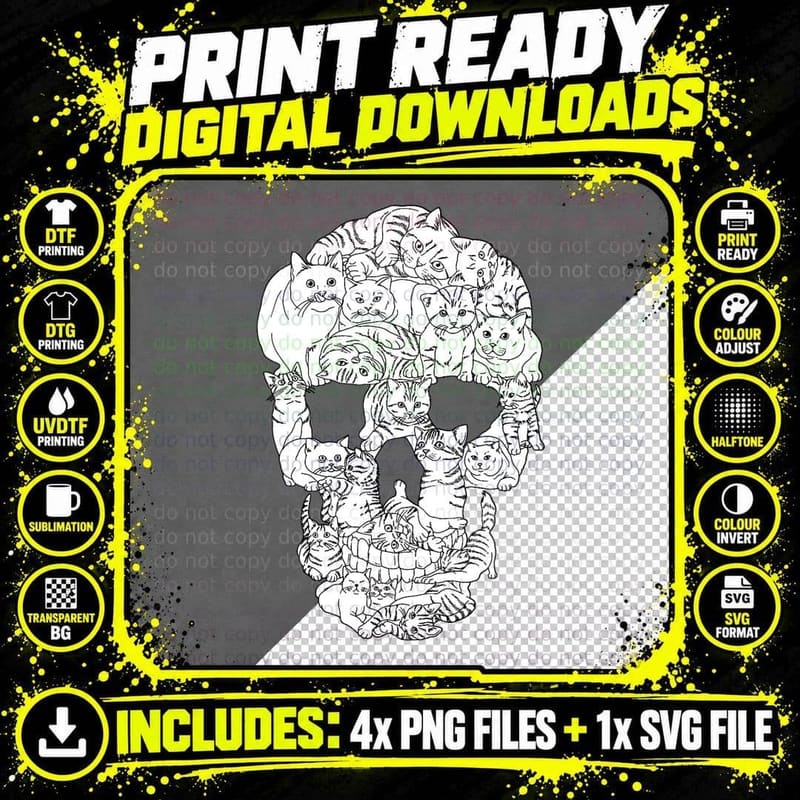 Cat Skull Kitty Skeleton Halloween Goth Punk Emo Gift Png SVG Digital Bundle