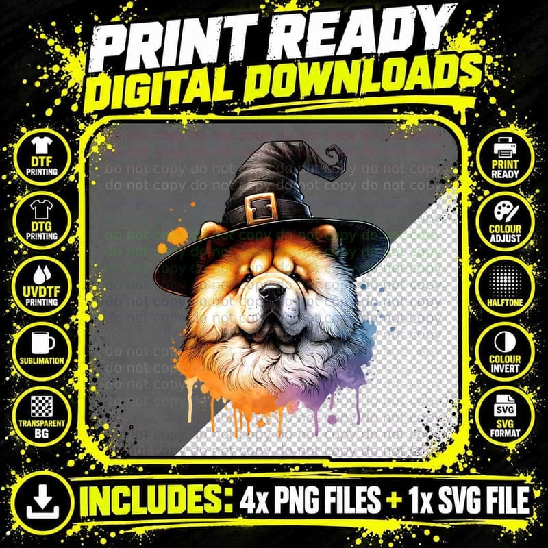 Chow Wearing Witches Hat Halloween, Dog Lover Png SVG Digital Bundle