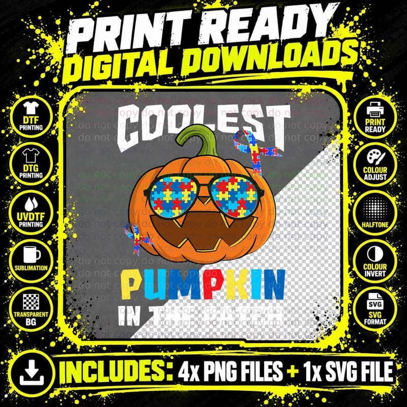 Coolest Pumpkin in the Patch Autism Awareness Halloween Png SVG Digital Bundle