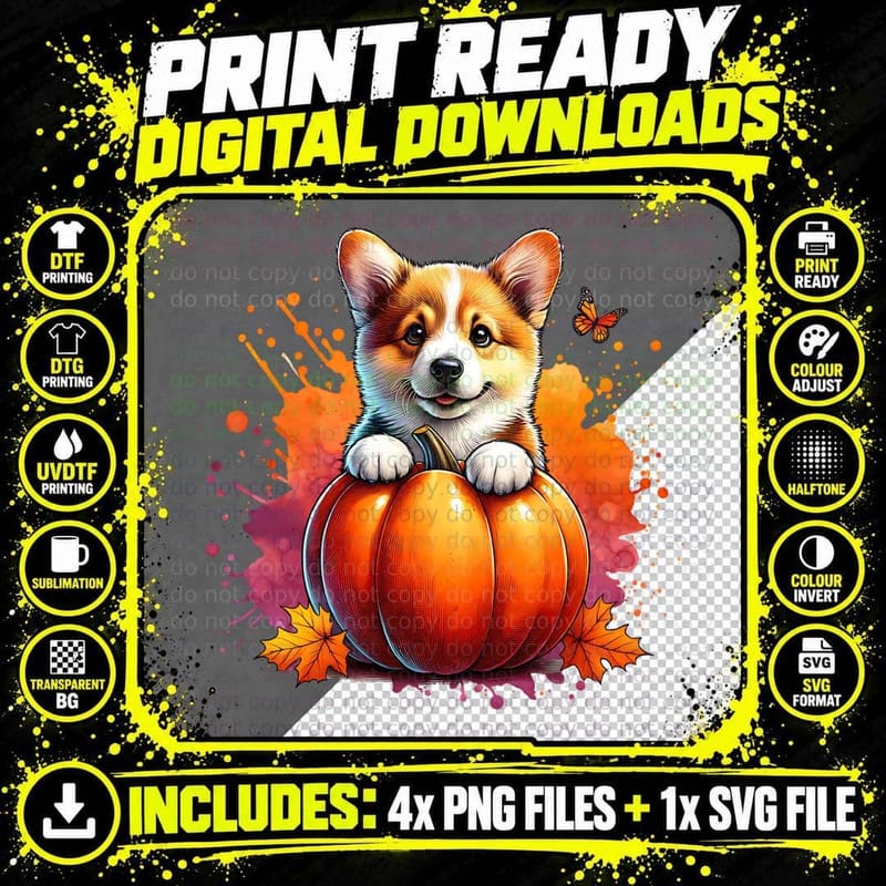 Corgi Pumpkin Halloween, Dog Lover, Cute T-Shirt Png SVG Digital Bundle