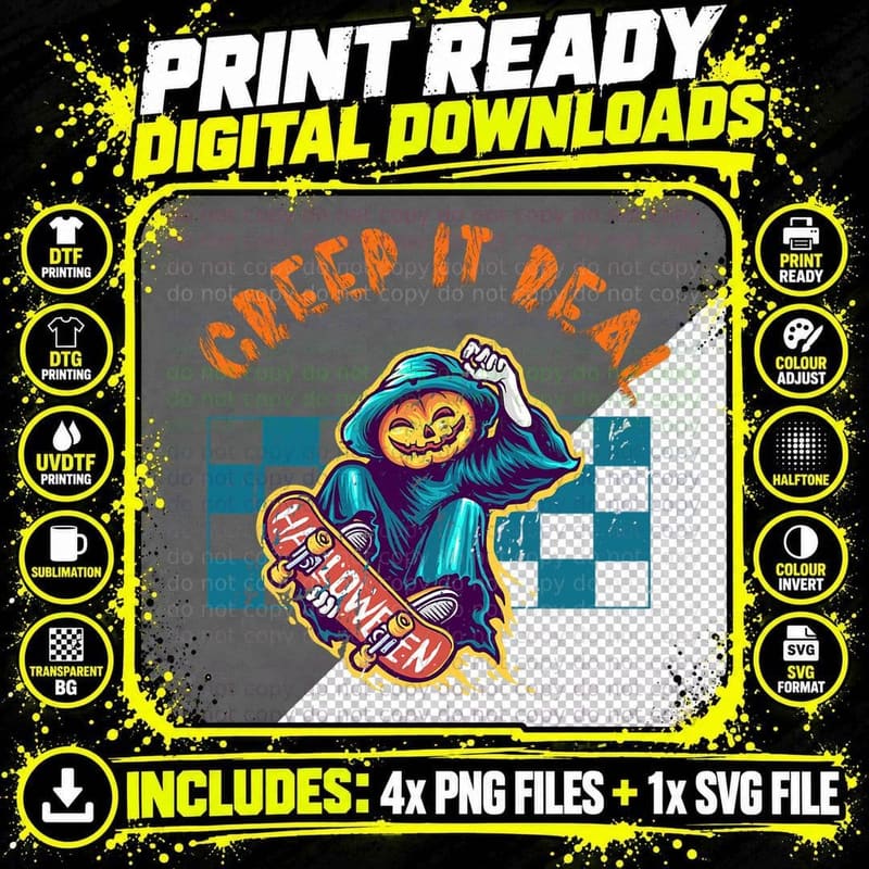 Creep It Real Retro Halloween Pumpkin Skateboarding Png SVG Digital Bundle