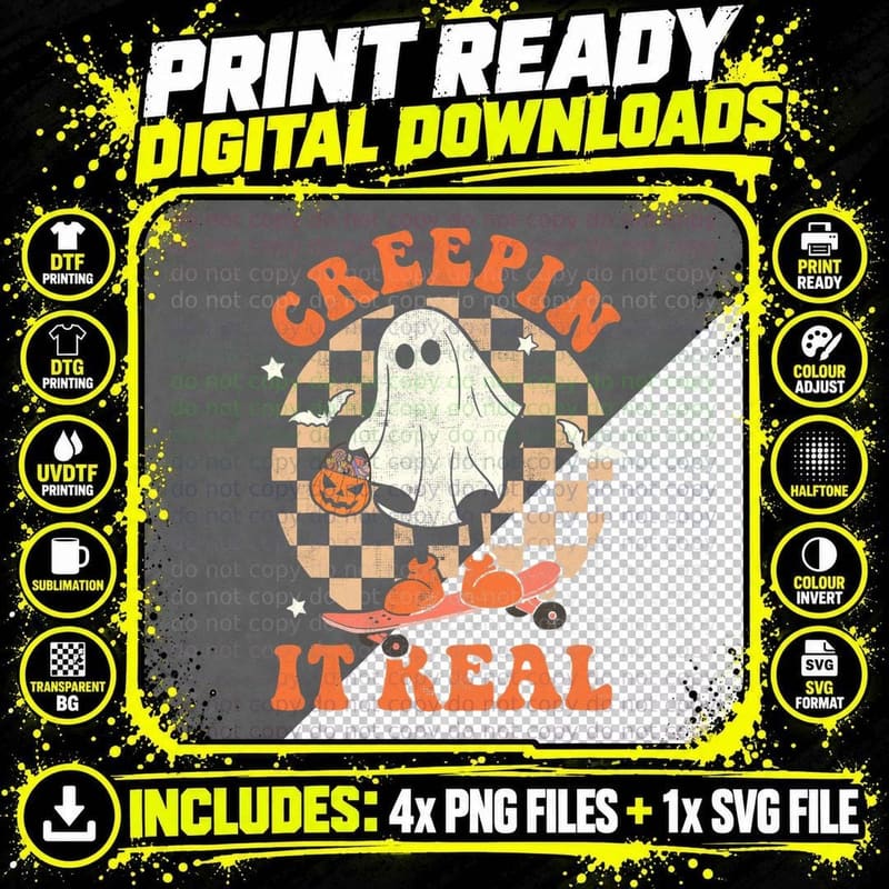 Creep It Real Skateboard Ghost Retro Halloween Spooky Png SVG Digital Bundle