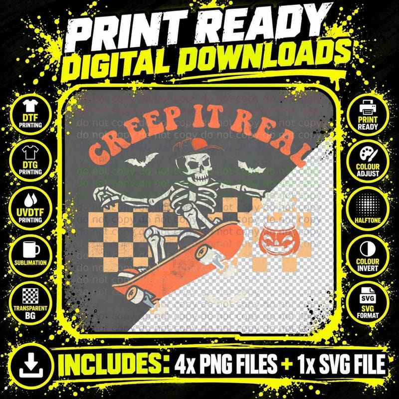 Creep It Real Spooky Season Skeleton Halloween Groovy Png SVG Digital Bundle