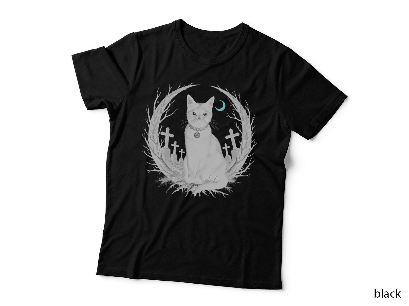 Creepy Black Cat with White Eyes, Bats, Graveyard and Moon Horror T-Shirt
