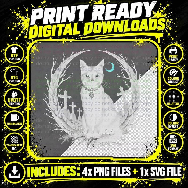 Creepy Black Cat with White Eyes, Bats Png SVG Digital Bundle