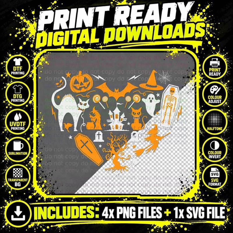 Creepy Cat Skeleton Ghost Pumpkin Funny Halloween Png SVG Digital Bundle
