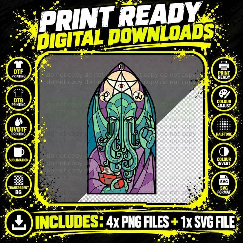 Cthulhu Church Stained Glass Cosmic Horror Funny Monster Png SVG Digital Bundle