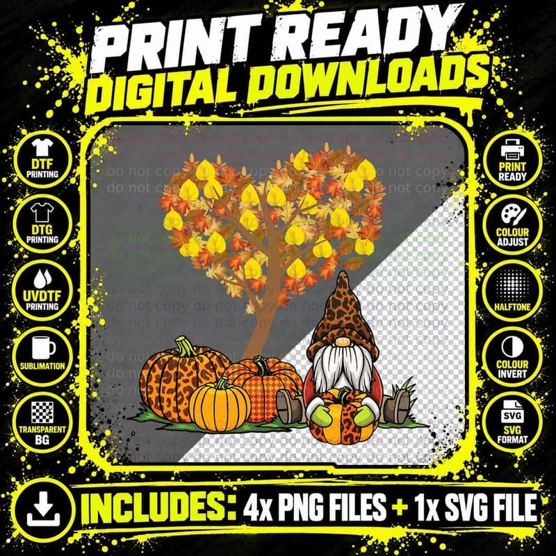 Cute Autumn Fall Gnomes Halloween Leopard Pumpkin Gnome Png SVG Digital Bundle