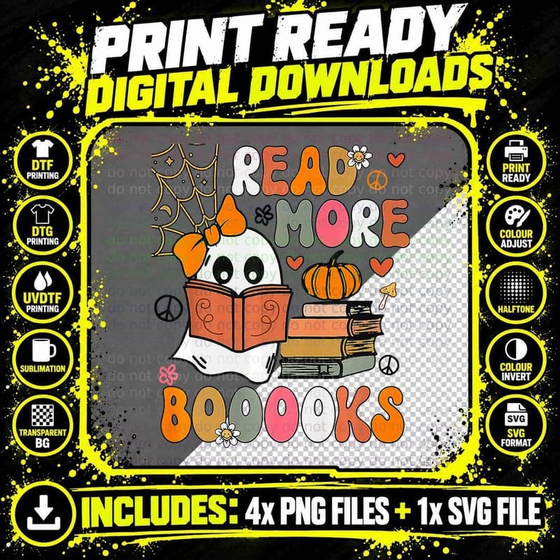 Cute Booooks Ghost Read More Books Funny Halloween Png SVG Digital Bundle