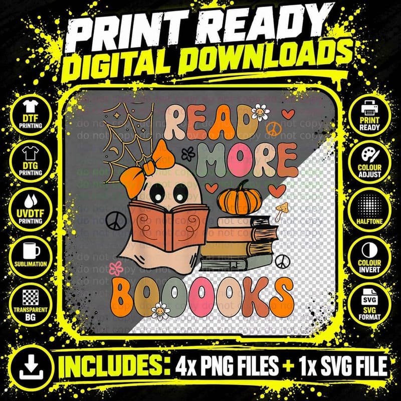 Cute Booooks Ghost Read More Books Funny Teacher Png SVG Digital Bundle