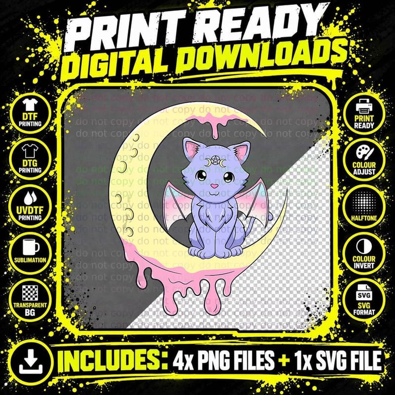 Cute Creepy Pastel Goth Kawaii Cat Moon Men Women Cat Png SVG Digital Bundle