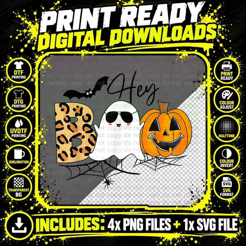Cute Ghost Halloween Pumpkin Face Hey Boo Funny Png SVG Digital Bundle