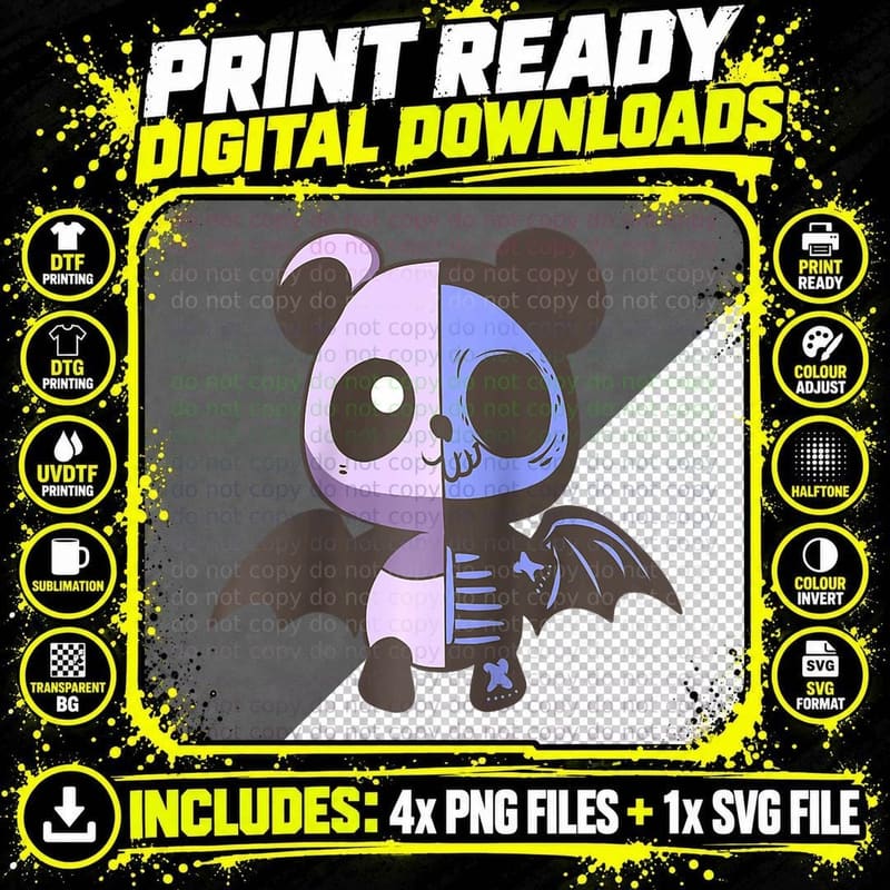Cute Pastel Goth Kawaii Anime - Panda Bat Skull Skeleton Png SVG Digital Bundle