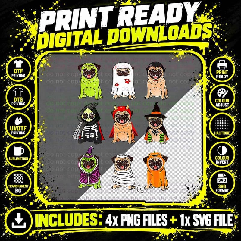 Cute Pug Dog Witch Ghost Boo Pumpkin Halloween Spooky Png SVG Digital Bundle