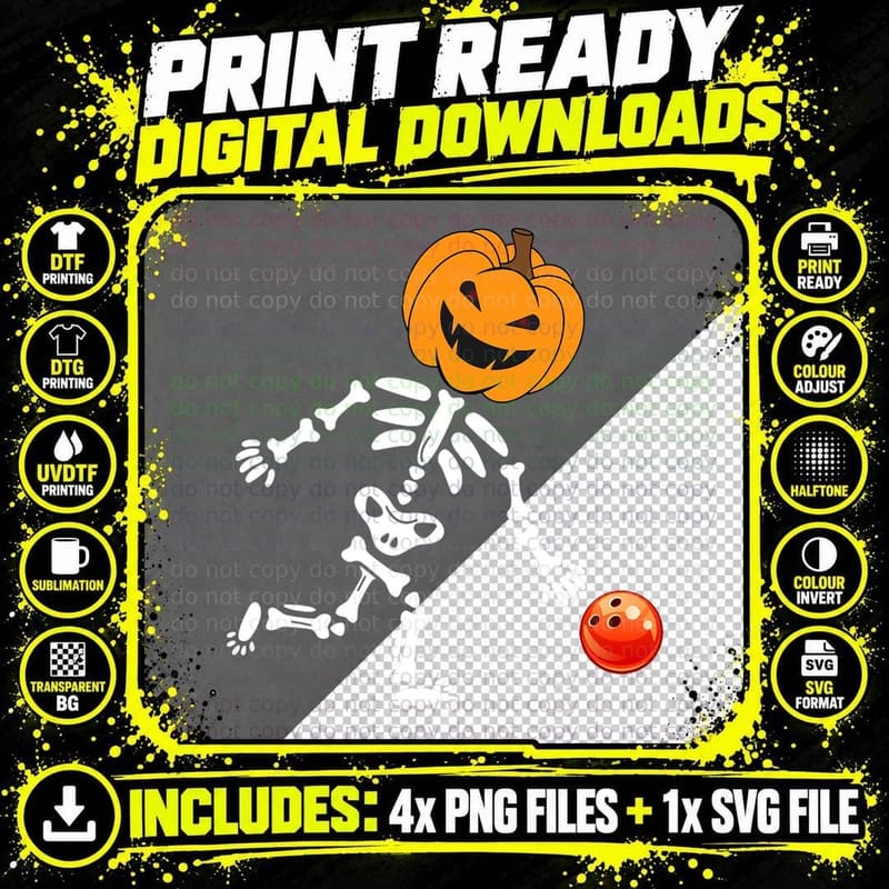 Cute Pumpkin Skeleton Bowling Player Halloween Costumes Png SVG Digital Bundle